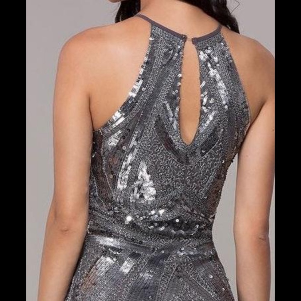 Silver Metallic Sequin Geometric Mini Dress